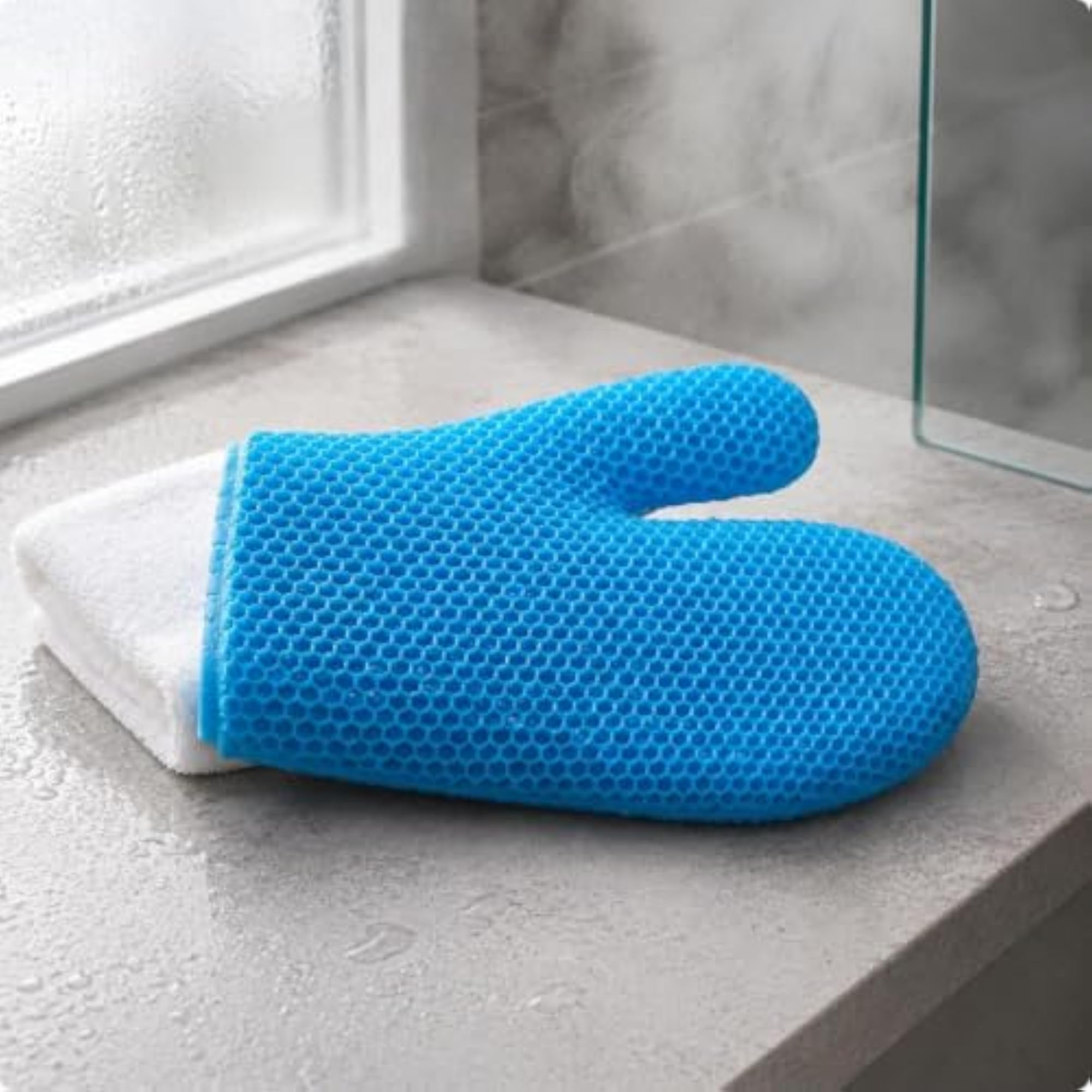 Bath Exfoliating Glove Thumb Section Mesh Scrubber Blue